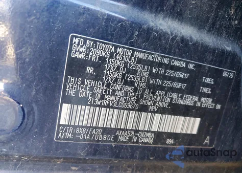 2020 Toyota Rav4 Xle z USA, uszkodzony, nr VIN 2T3W1RFV3LC069670